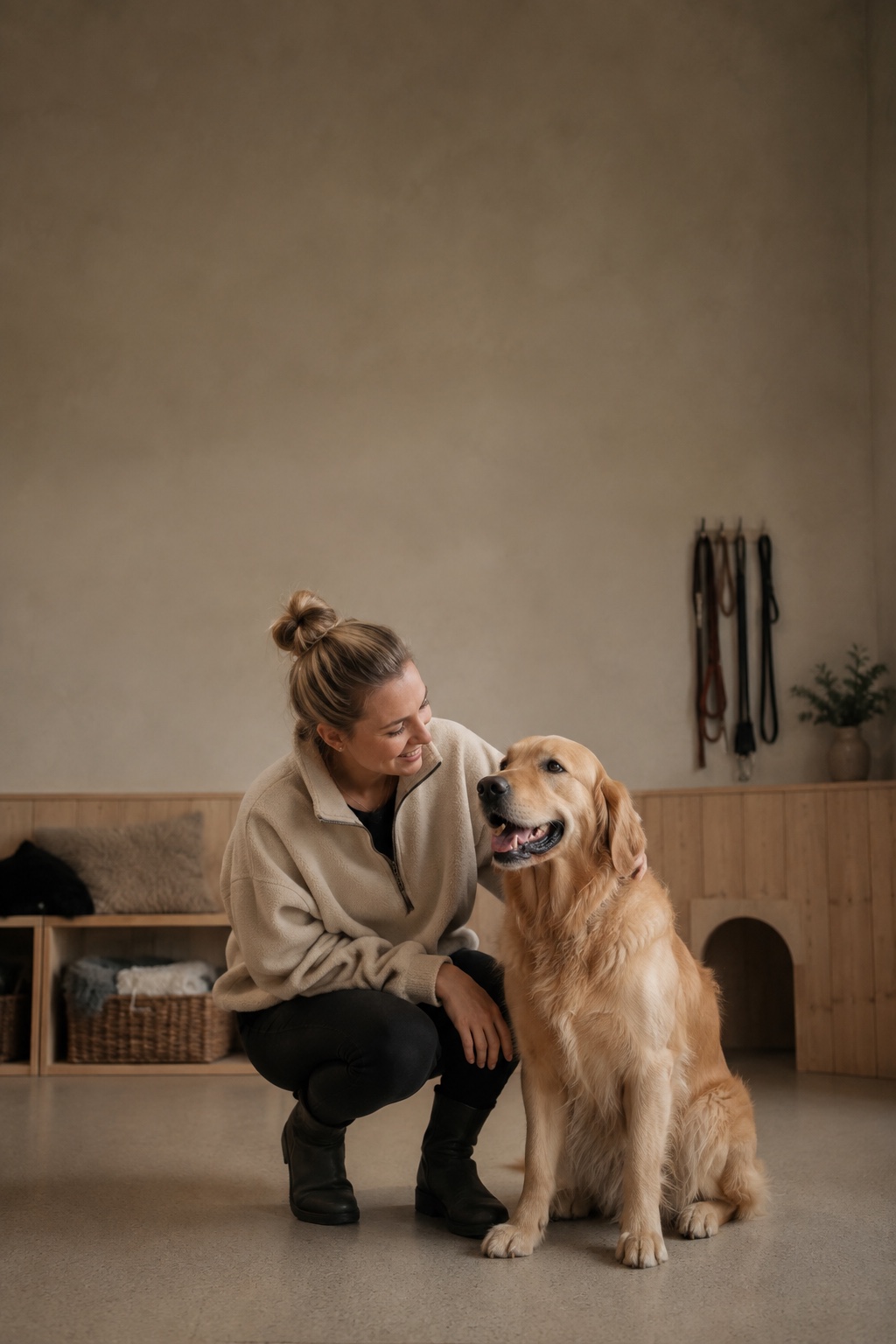 Hundskötare med golden retriever i sin hundverksamhet